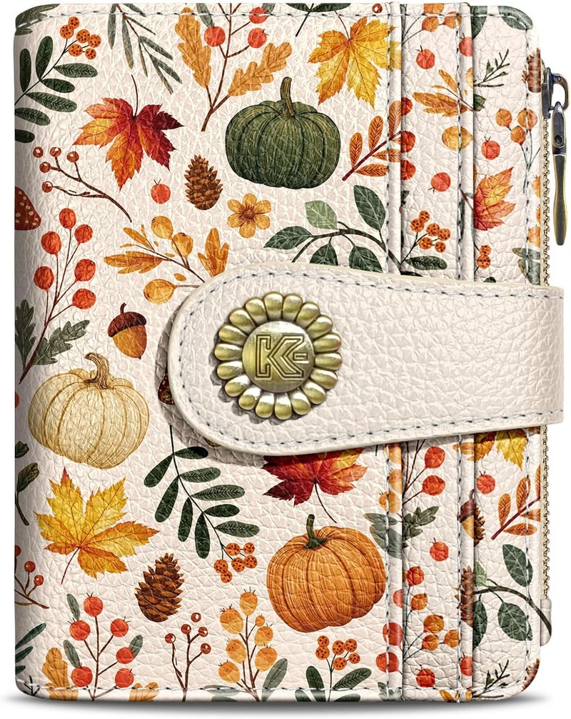 Kelvoris Pumpkin Fall Leaves Mushroom Halloween Small Rfid Women Travel Wallet Bifold Zipper Coin Pocket PU Leather Compact Cash Credit Card Holder Female Ladies Teen Girls 1 ID Window 10 Card Slots - Image 1